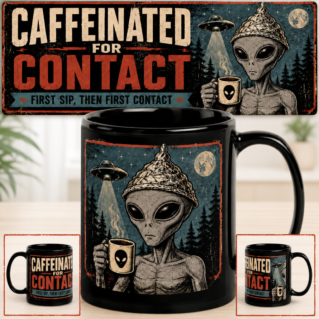 Caffeinated for Contact Alien Sipping Coffee Black Glossy Mug