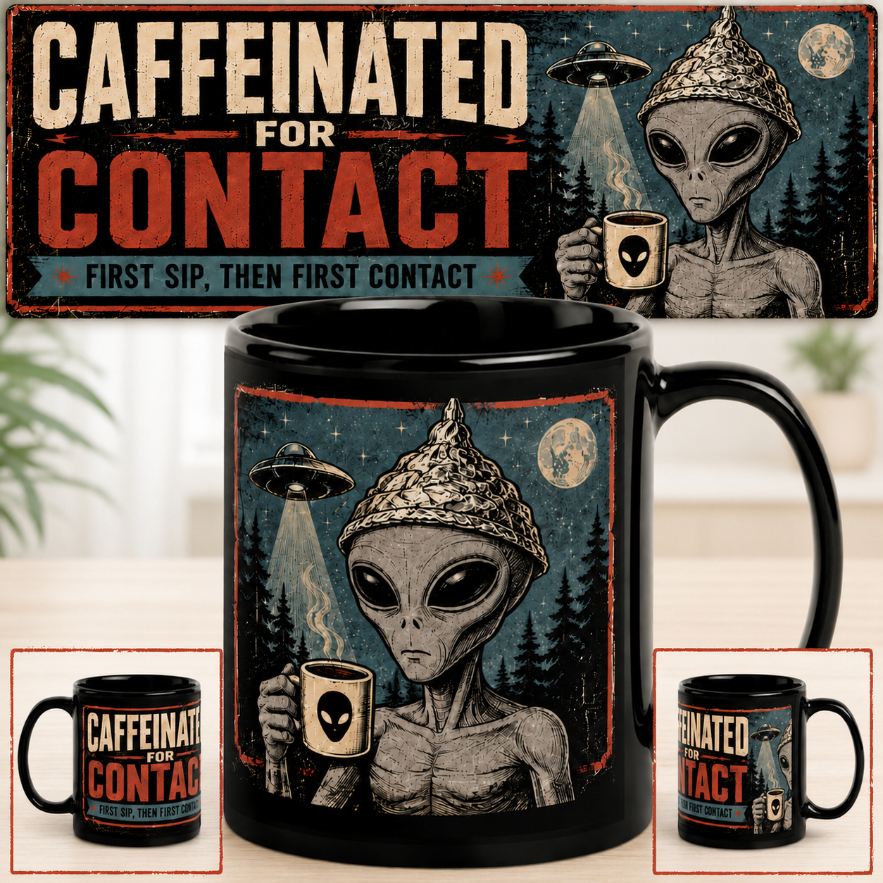 Caffeinated for Contact Alien Sipping Coffee Black Glossy Mug