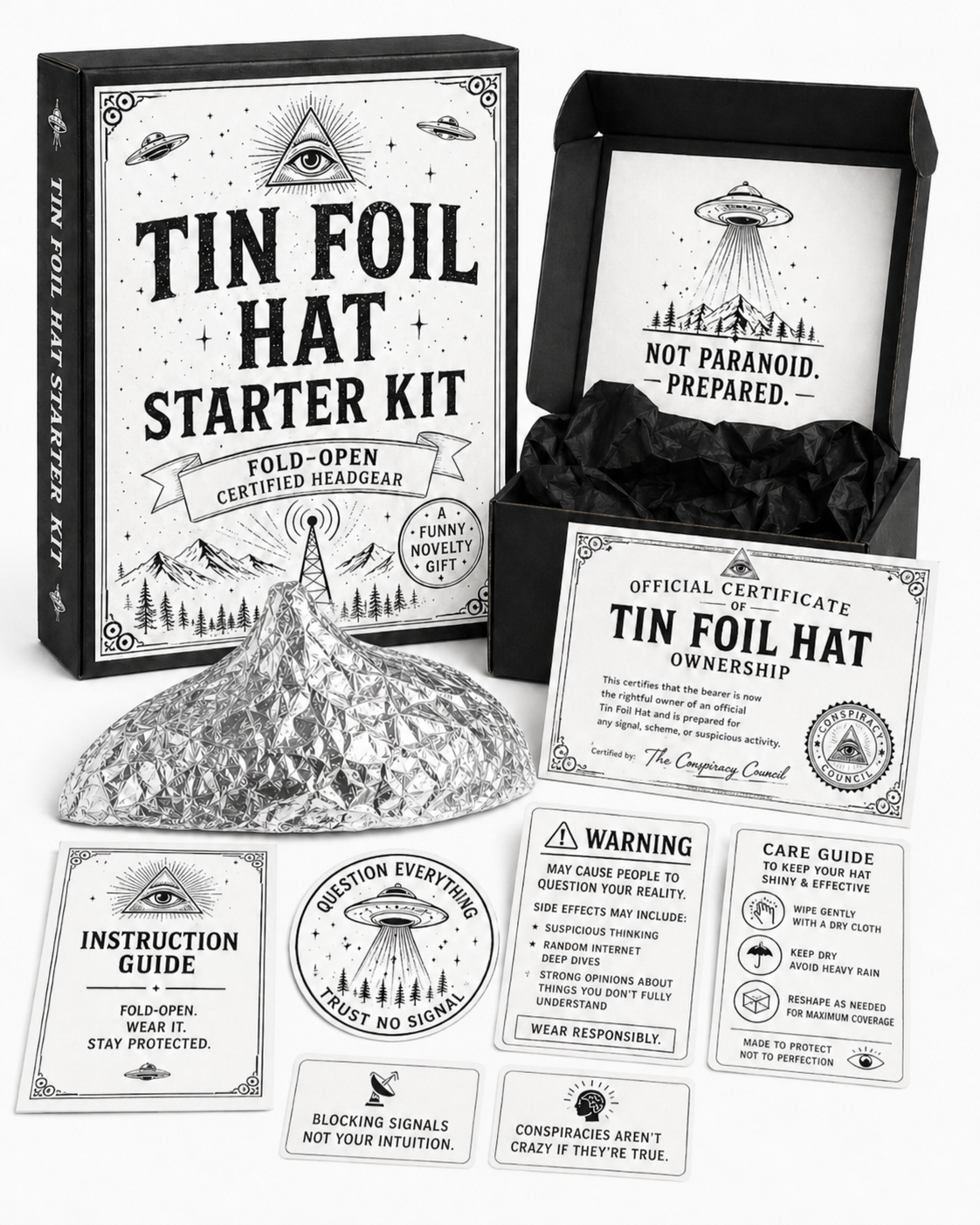 Tin Foil Hat Starter Kit, Funny Conspiracy Novelty Hat Set - TinFoiledHat