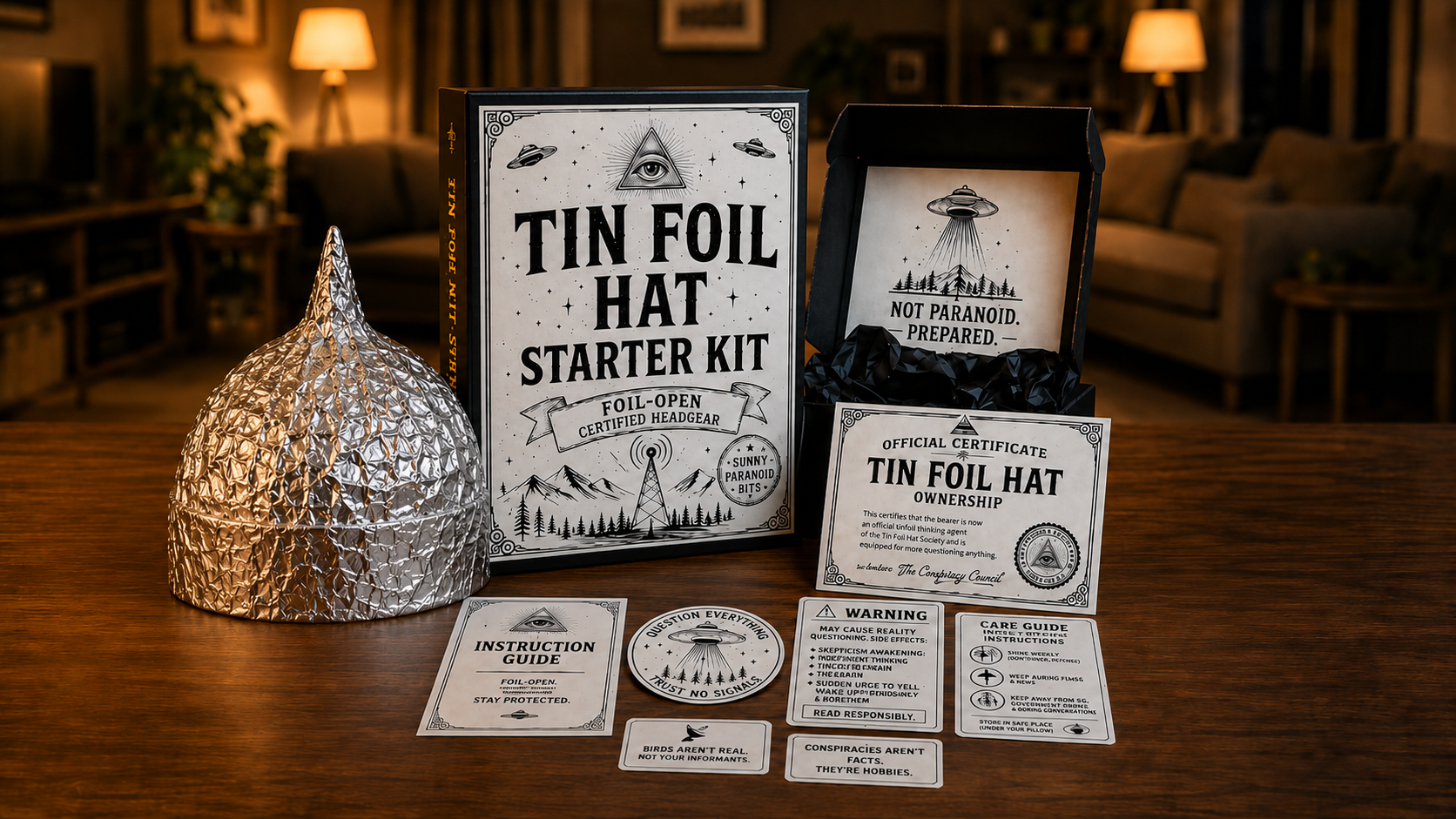 Tin Foil Hat Starter Kit novelty gift box with certificate and stickers